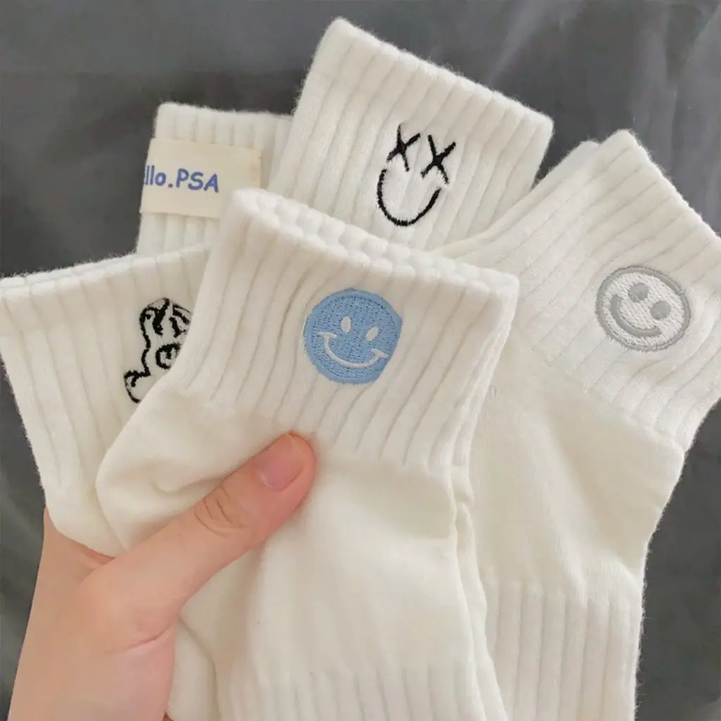 Set 5 Đôi Tất Cotton Nam Nữ Cổ Ngắn Tone Trắng Phối Họa Tiết Nhỏ Mặt Cười Xanh tt54 -Kho sỉ Giá Sốc.
