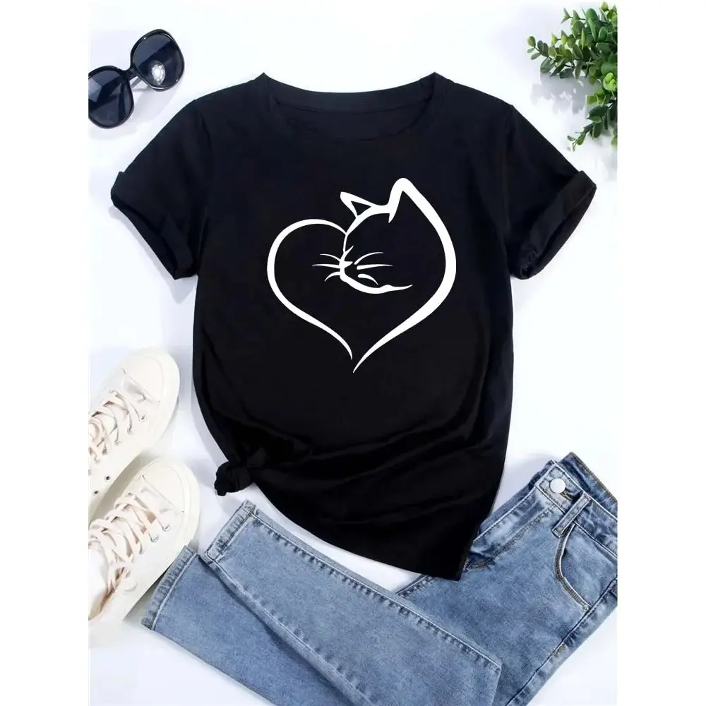 New Cute Love Heart Cat Print Women T-Shirt Casual Short Sleeve Top Summer Women's Clothing Cartoon Streetwear Y2k Clothes