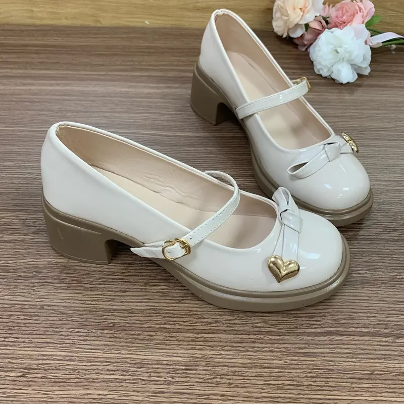 Giày lolita, giày bupbe, nơ tim gót vuông 5cm ,da bóng mềm,quai cài, đi học, đi chơi …( fom 1.5 lùi 1sz , chân tròn dày lấy đúng) Nữ Shoes mary jane 1