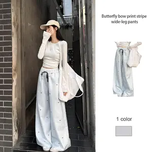 Celana Panjang Wanita Motif Pita Bergaris Kaki Lebar Musim Panas Pinggang Tinggi Kaki Lurus Celana Kasual Celana Niche