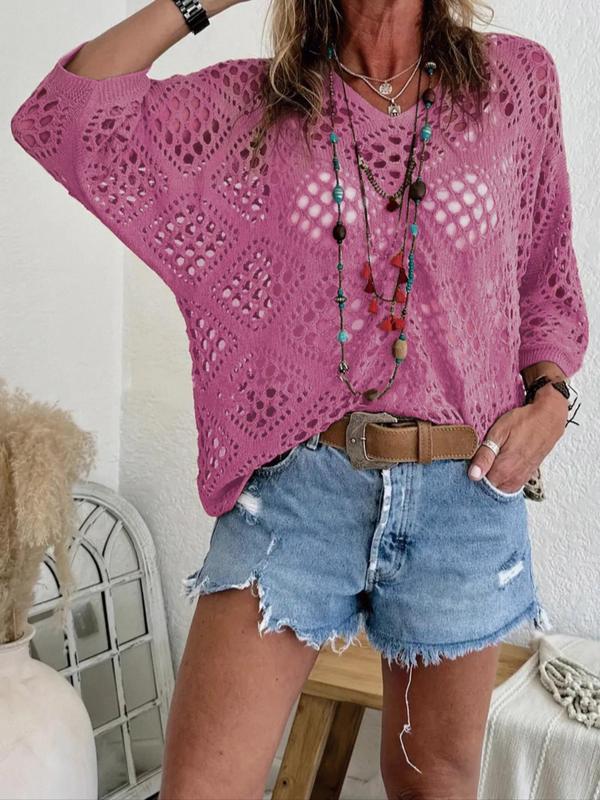 【 Plus Size】 Solid Hollow Out Drop Shoulder Knit Top, Elegant Casual V Neck Three Quarter Length Sleeve V Neck Knitwear for Summer, Women's Plus Crochet Clothing for Daily Wear, Vneck 3