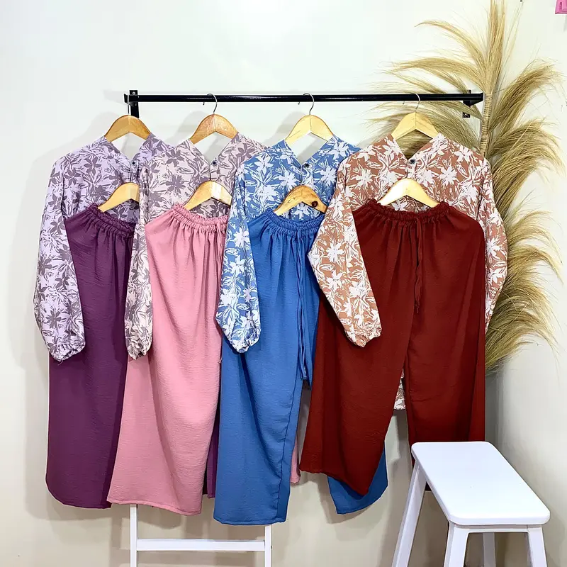 FIRA SET MOTIF l CRINKLE CEY AIRFLOW Premium Polos Baju Panjang Celana Wanita 0
