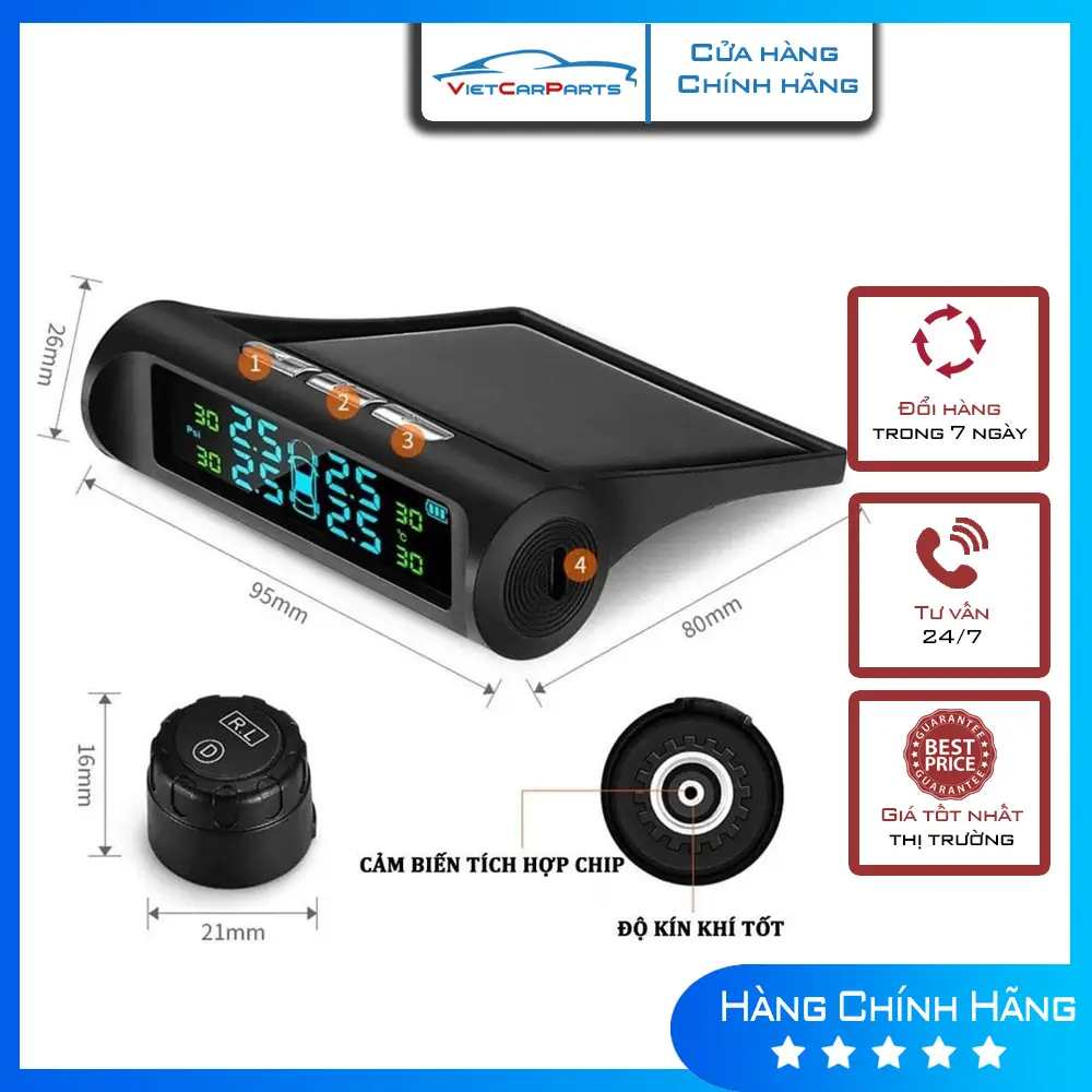 Cảm biến áp suất lốp thế hệ mới TPMS, Pin năng lượng mặt trời, màn hình LED màu hiển thị chính xác