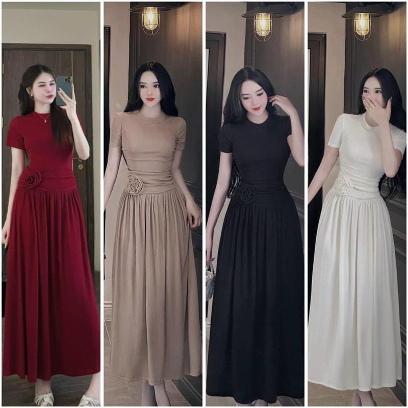 Đầm body nữ tay ngắn dáng dài có dây kéo phối hoa hông chất thun thái thanh lịch sang chảnh O8X09Y Women Dress điệu đà đ Tay Loe Đỏ