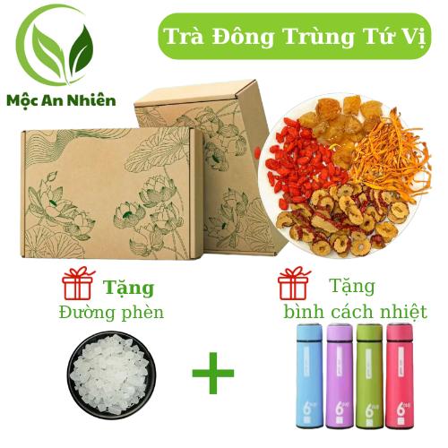 Hộp 30 gói tặng bình cách nhiệt  - Trà Đông Trùng Tứ Vị thảo mộc tặng thêm đường phèn (nấm đông trùng hạ thảo, táo đỏ, kỳ tử, long nhãn  .Trà thảo mộc an nhiên.