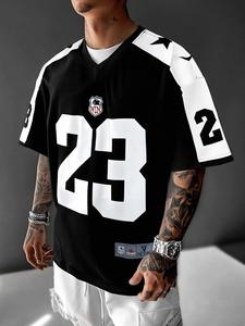 Camiseta para hombre con estampado de números, cuello redondo, manga corta, estilo casual y versátil, camiseta gráfica de moda urbana, top trendy para el verano
