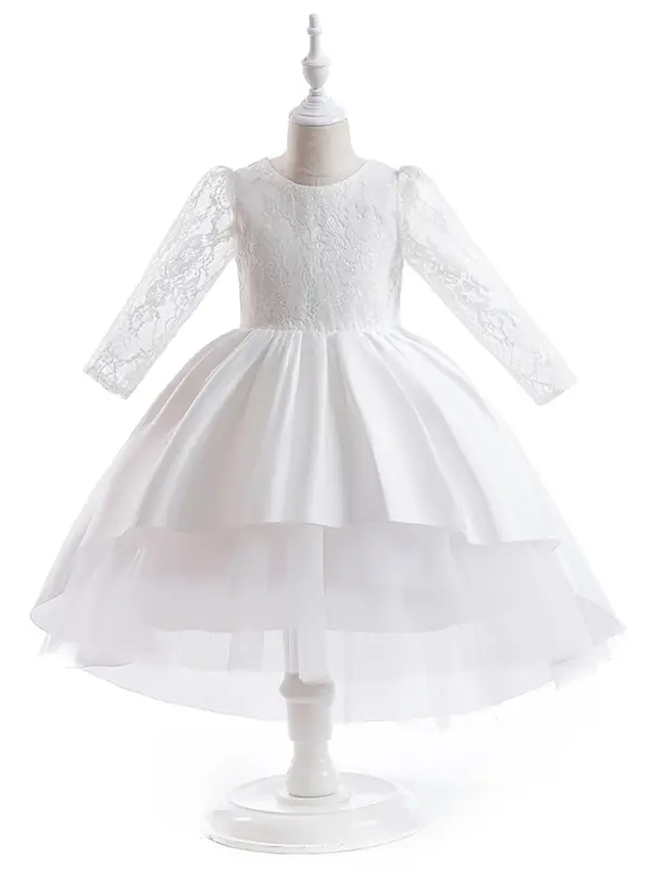 Girl's Contrast Lace Bow Decor Tiered Layer High Low Hem Satin Dress, Elegant Puff Sleeve Round Neck Midi Dress for Party Wedding Guest, Kids Clothes for All Seasons 3