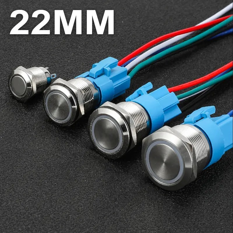Nút Kim loại nhấn Tự nhả 22mm, Ấn Tự phục hồi có LED 3V-6V, 12-24V, 110-220V 1