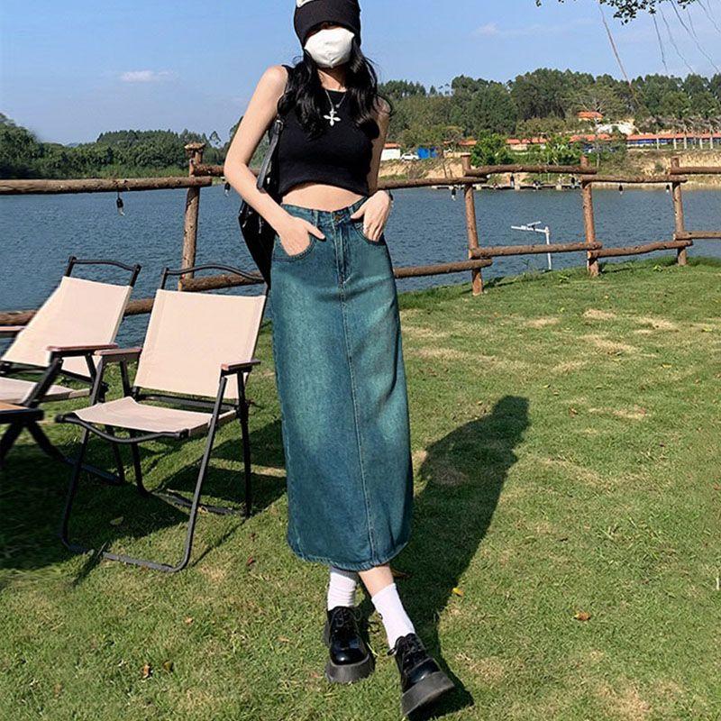 A-Line High Waist Slit Denim Skirt for Women Summer 2025 New Mid-Length Slim Fit Pencil Skirt Black Gray 2