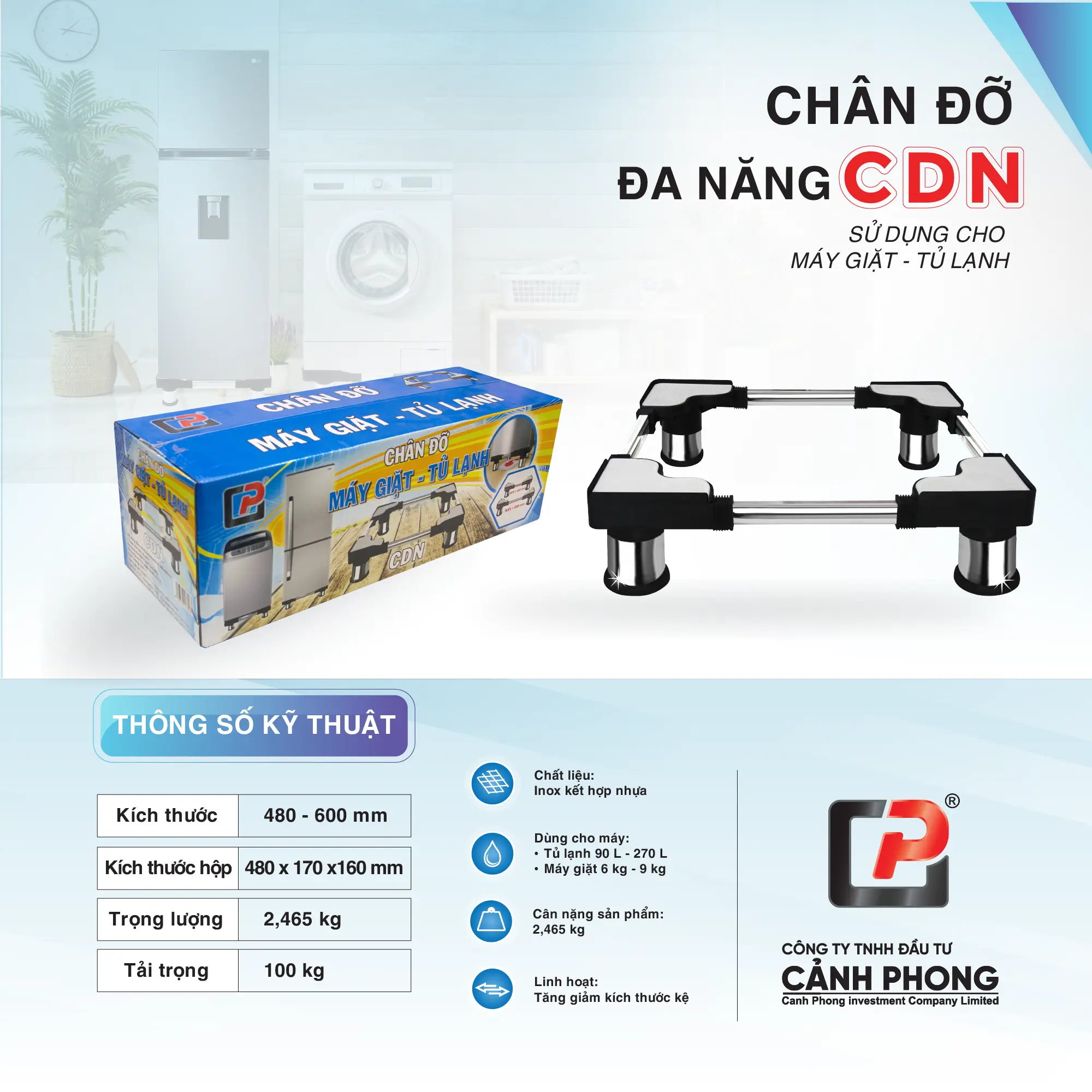 Chân đế tủ lạnh, chân máy giặt đa năng inox cao cấp có thể điều chỉnh kích thước 48-77cm