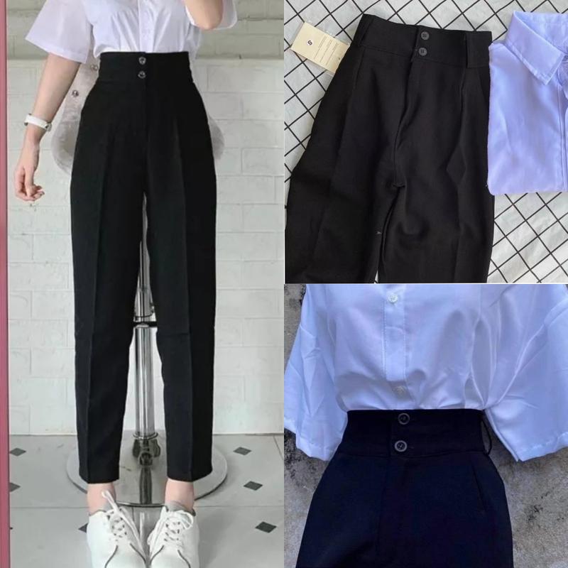 Quần tây baggy nữ đi học lưng cao phối 2 khuy cài dọc dáng dài màu đen kiểu Quần vải nữ cạp cao mặc làm công sở vải dày mềm co giãn nhẹ Pants Thun Women