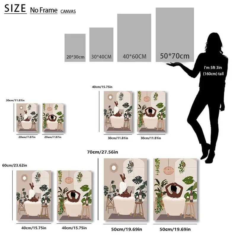 Bathroom Canvas Painting without Frame, 2 Counts Modern African American Woman in Bathroom Pattern Wall Art, Wall Decor for Home Bedroom Bathroom 1