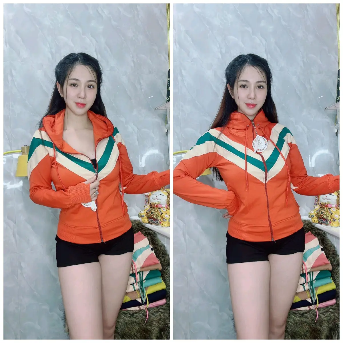 Áo khoác thun da cá loại 1 phối V V Jacket Top Women Vàng