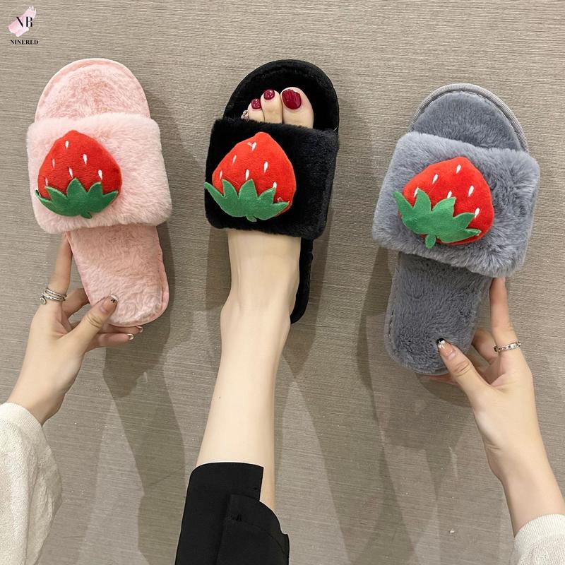 Dép Dâu Xinh Xắn Vải Lông Đế Cao Su Đi Trong Nhà Dạo Phố NineRed Homewear - D147