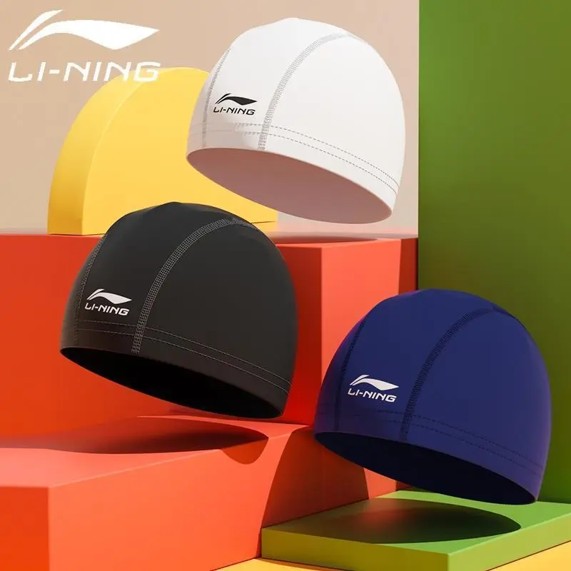 Li Ning Training Swimming Cap Comfortable Fit Unisex Adult and Children Universal Waterproof Big Head Circumference Cloth Swimming Cap
