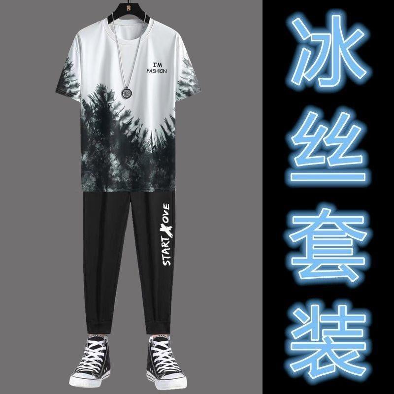 2PCS Men Suit Fashion All-Match Sports Running Fitness Top Pants Thin Casual Sports Suit Ice Silk Short Sleeve New Gradient T-shirt Cropped Pants Casual Pants 4
