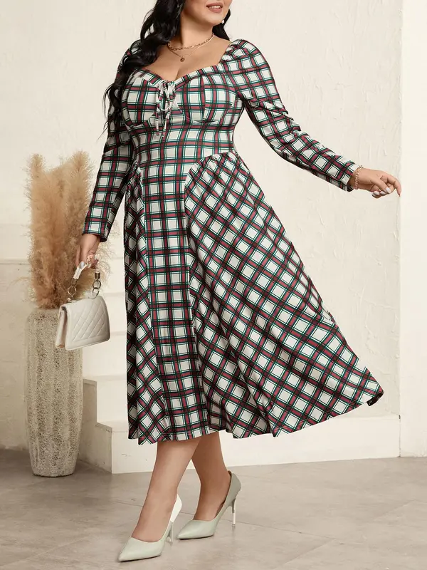 CURVZY Plus Size Plaid Print Tie Front Backless A Line Dress, Elegant Sweetheart Neck Long Sleeve Dress for Party Holiday Wedding Guest, Women's Clothes for Spring & Fall 2