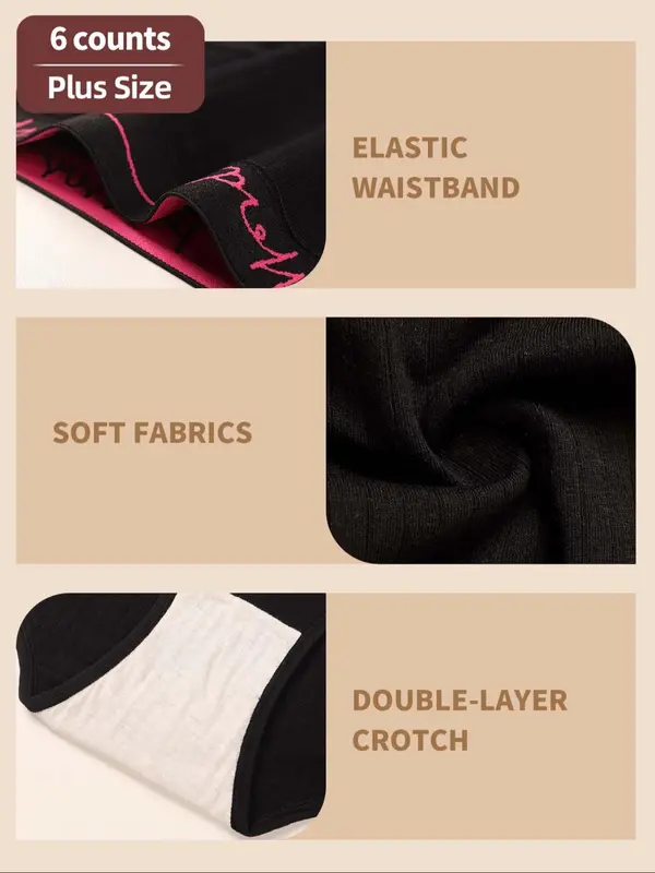 【Plus Size】 Letter Tape Mid Waist Panty, Regular Fit Soft Comfy Breathable Knicker for Daily Wear, Curvy Women's Underwear for All Seasons, Womenswear 3