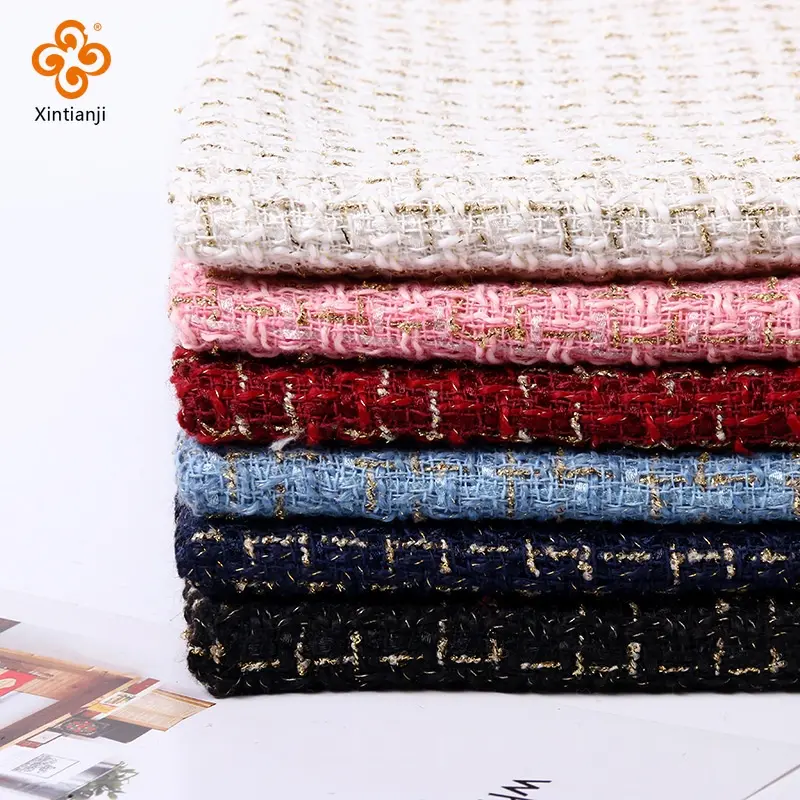 Kain Tweed Sutera, Warna Emas, Fabrik Tweed Bulu, Reka Bentuk Kekisi, Diperbuat daripada Poliester, Sesuai untuk Kot Wanita, Bahan Jahit, 50x150cm Soft