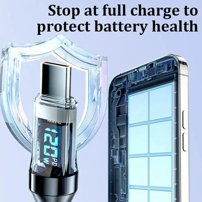 Cáp sạc siêu nhanh USB A đến Type C, 120W, Dây dữ liệu Type C, Tương thích với Xiaomi POCO và Samsung, Có màn hình kỹ thuật số LED, Cáp 5