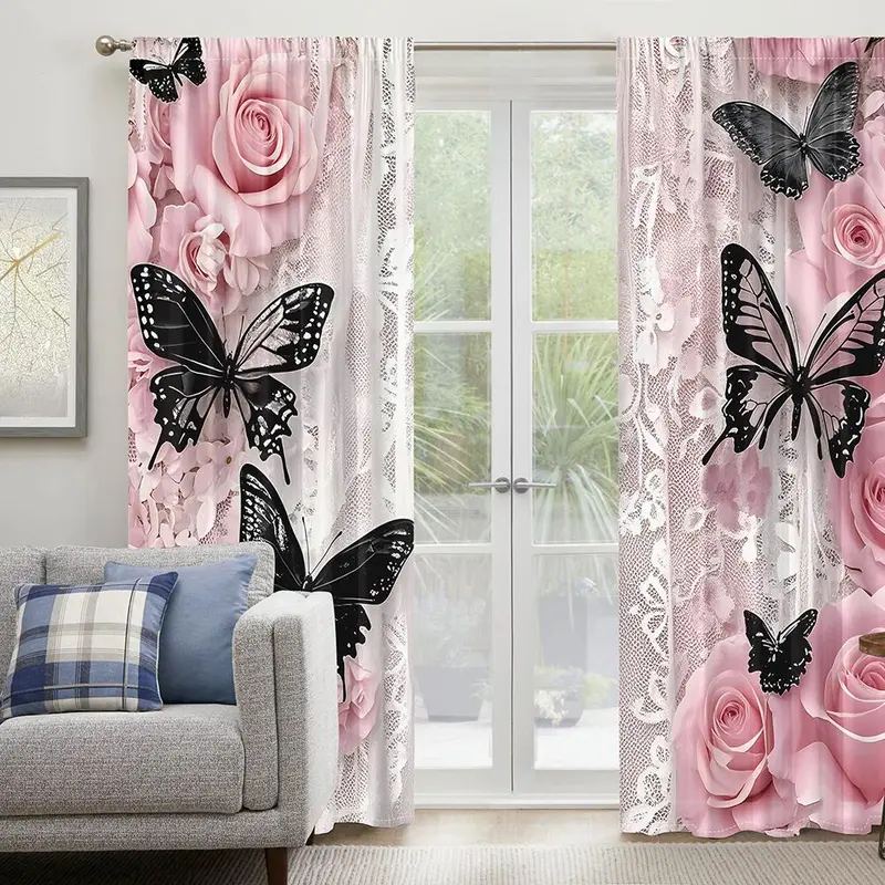 Butterfly & Rose Pattern Door Curtain, 2 Counts/set Lace Design Door Curtain, Window Curtain for Home Living Room Bedroom Decor 4
