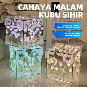 Lampu Tidur Kubus Tulip - Handmade Artistic, Material Kayu & Resin Premium, Lampu Malam Romantis dengan Remote