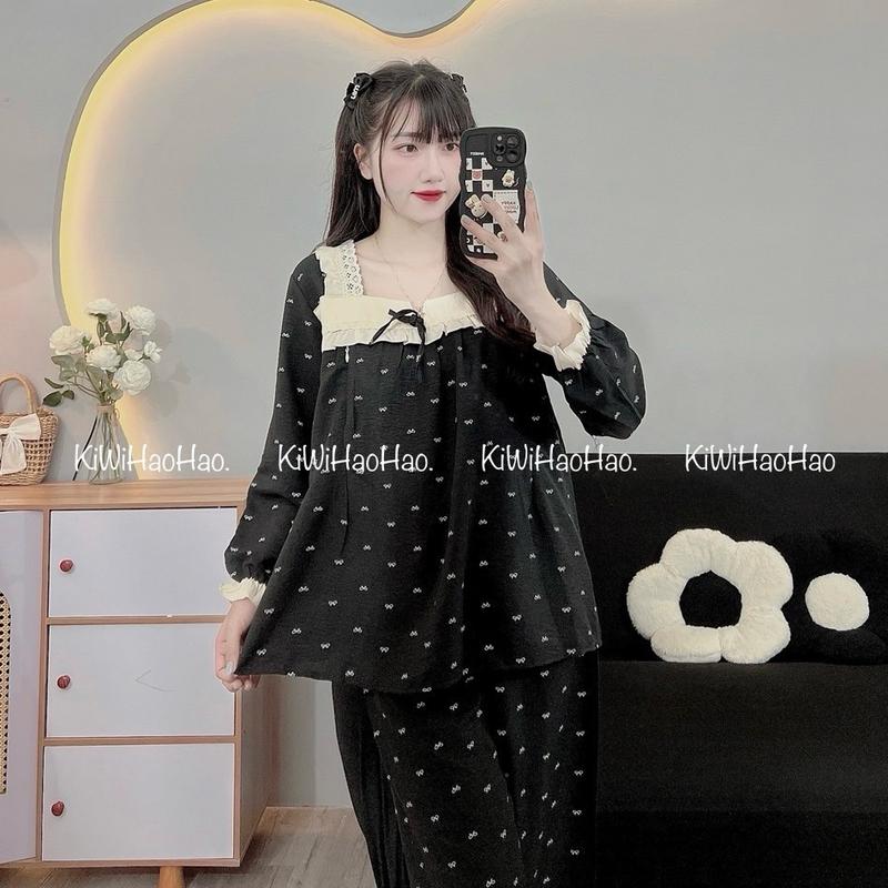 Bộ bầu - bộ sau sinh - BỘ ĐŨI NHĂN DÀI HÌNH NƠ CỔ VUÔNG REN - 2 Màu,áo có khóa kéo hai bên,quần có chun chỉnh Tiện Lợi 5