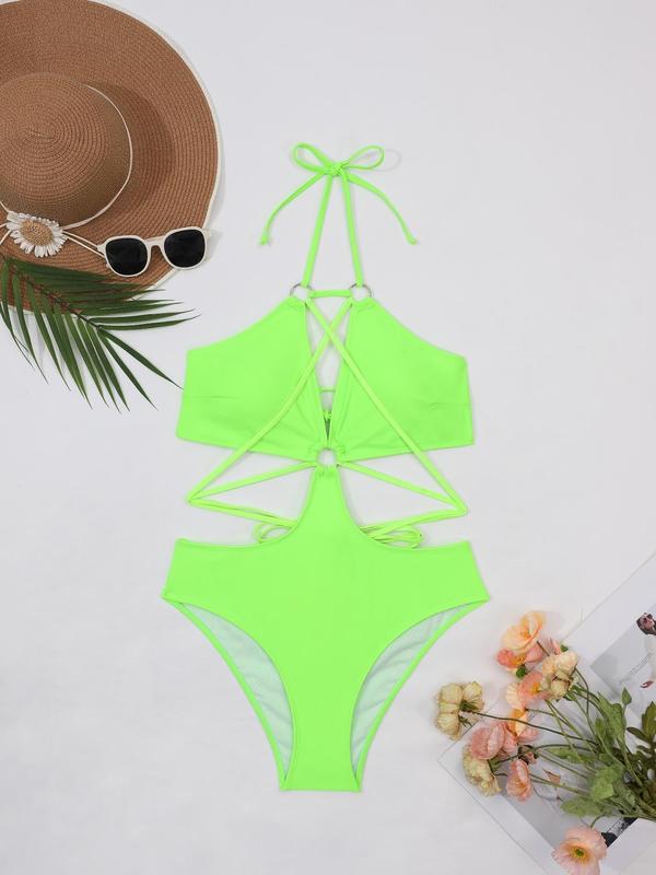 Plus Size Plain Halter Neck One-piece Swimsuit, Casual Cut Out O-ring Detail One-piece Swimwear for Summer, Ladies Summer Swimsuit 2