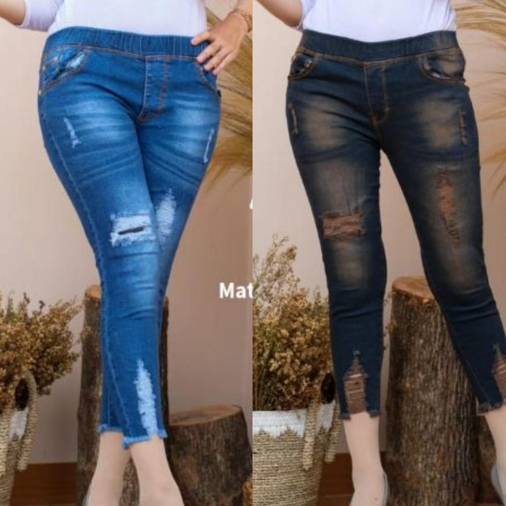 celana jeans wanita model sobek-sobek - celana Denim pinggang karet kekinian Legging Stretch Casual Waist