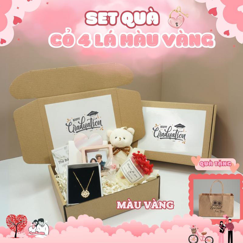 Set Quà Tặng Tốt Nghiệp Cho Bạn Gái, Bạn Thân. Hộp quà tặng dây chuyền titan, Móc Khoá gấu, dây kẹp tóc ,đèn led , hộp đựng trang sức , thiệp.