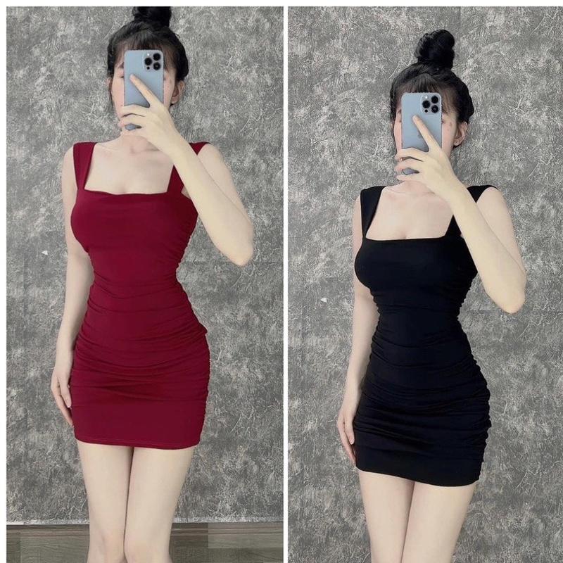 D115 - Đầm ôm body hai dây bảng to nhún sườn dáng ngắn sexy - thun ladong    Dress Women Nữ Dress Màu Đỏ Váy Umi