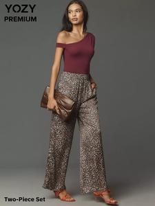 YOZY Women's Solid Asymmetrical Neck Top & Leopard Print Pants Two-Piece Set, Casual Fashion Cozy Top & Wide Leg Trousers for Daily Outdoor Wear, Ladies Clothes for All Seasons