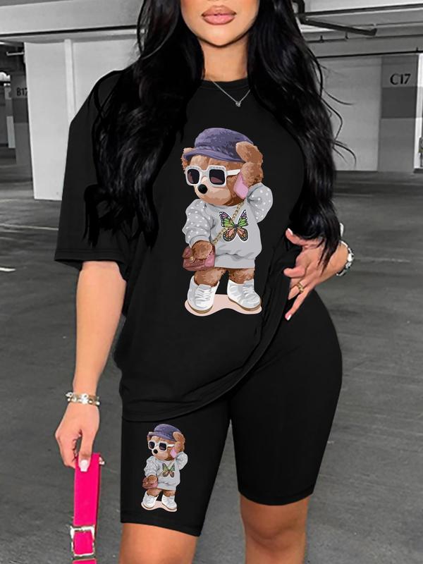 Cartoon Bear Graphic Print Short Sleeve T-shirt & Elastic Waist Shorts Set, Y2k Outfits Streetwear Casual Round Neck Tee & Skinny Shorts for Summer, Summer Outfits 2024, 2 Piece Sets, Co Ords for Women, Two Piece Set Women, Outfits To Hide Tummy Uk 5