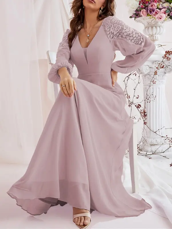 Women's Mean Girls Contrast Lace Lantern Sleeve Vneck A-line Long Dress, Chic Elegant Minimalist Chiffon Maxi Flowy Dresses for Bridesmaid Wedding Guest Party, Spring & Fall Clothes Occasional Wear 4