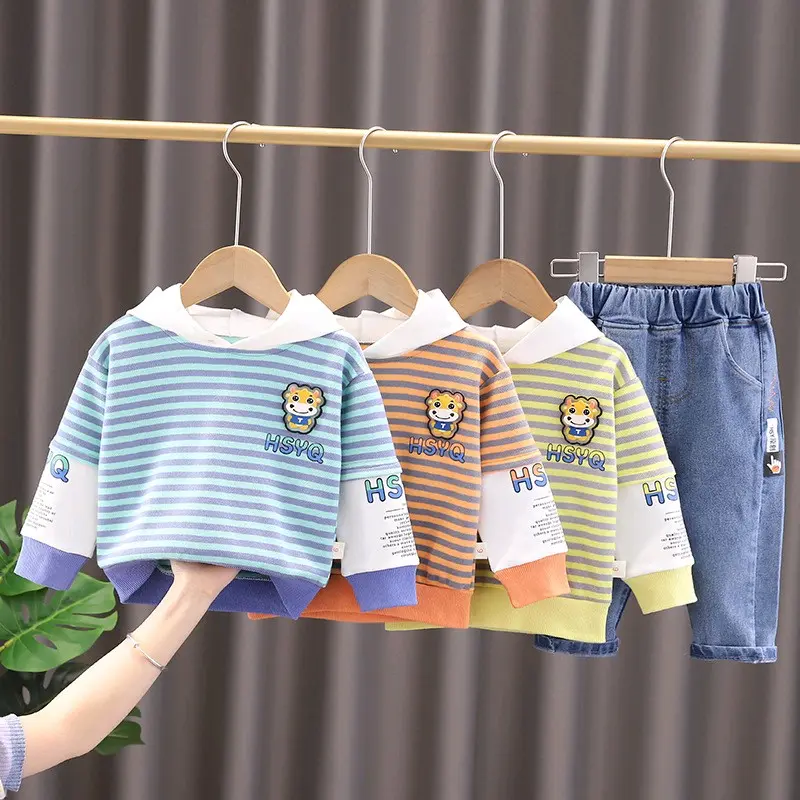 Setelan Baju Anak Laki-laki Atasan Hoodie dan Celana Jeans  1-5 tahun Katun