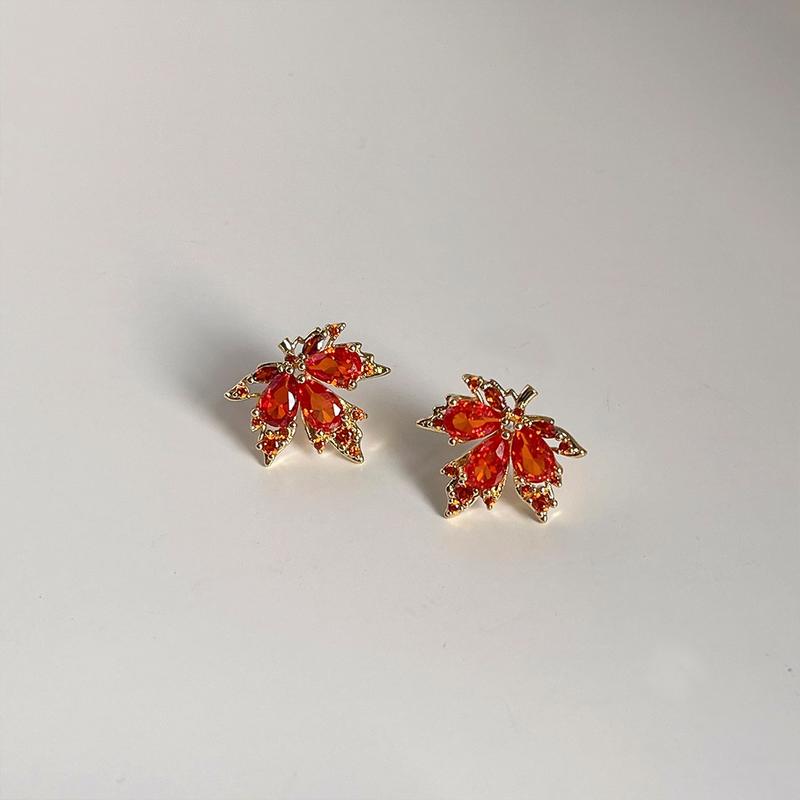 Product Introduction of Micro Paved Zircon Red Maple Leaf Earrings for Women 925 Silver Needle Earrings 14K Plated Niche Personality Earrings Light Luxury Niche Earrings Gift for Girls on Holidays 4