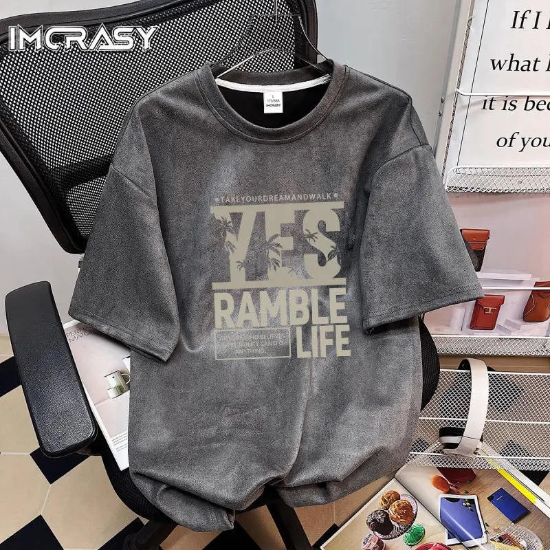 Loose Suede Short-Sleeved T-shirt Trendy Men 2024 Summer American Half Sleeve T-shirt Boys
