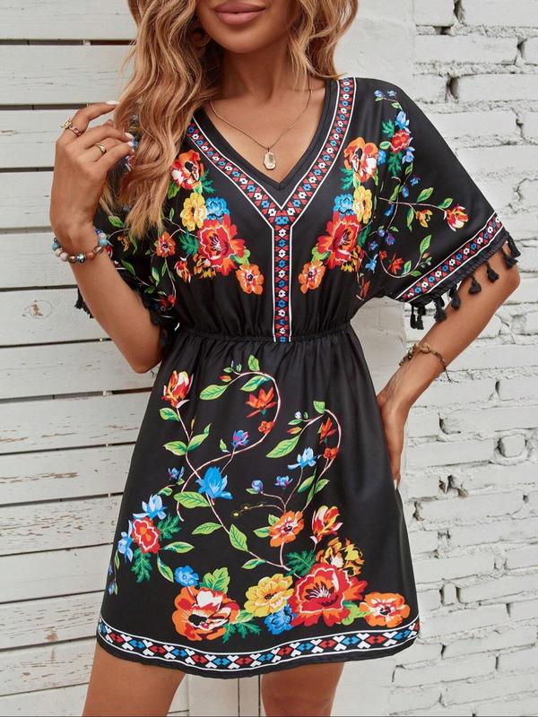 Women's Floral Ethnic Pattern Fringe Trim V Neck A Line Dress, Boho Fashion Short Sleeve Short Dress for Daily Holiday Vacation Wear, Ladies Dress for Summer 4