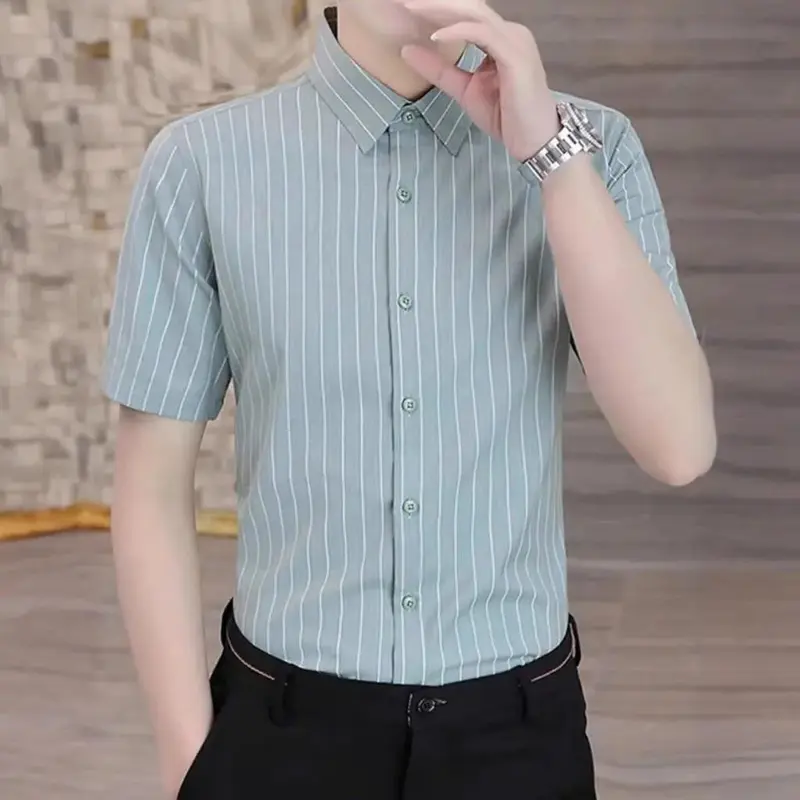 Áo sơ mi nam kẻ sọc tay ngắn lụa hàn họa tiết Thời Trang Menswear Có Cổ sominam  dep 3