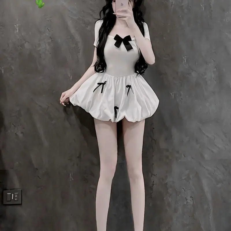 Đầm xoè tay ngắn đính nơ chất liệu thun gân + kate giãn dưới 53kg xinh trẻ trung Nữ Tre Dress Voi Màu Trắng Women Nhung 2