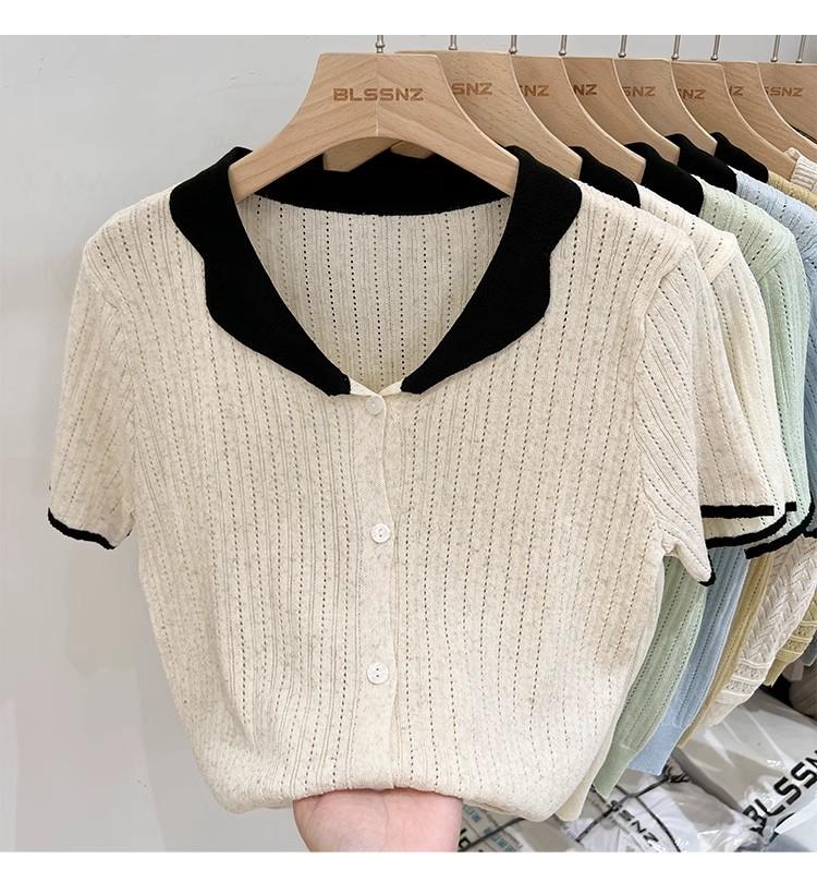 Product Introduction of Áo Cardigan Dệt Kim, ngắn Tay, Chất Liệu Lụa Ngầu Dành Cho Nữ, Mỏng Và Mùa Hè, Màu Sắc Tương Phản, Thiết Kế Độc Đáo Với Thiết Kế Áo Polo Rỗng Áo Cánh Nữ Hàng Đầu 13