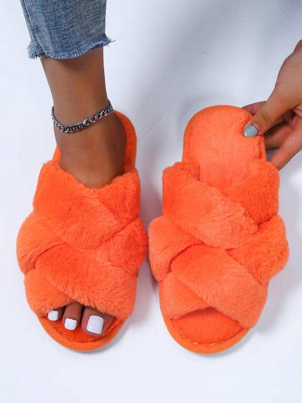 Women's Fashionable Plain Criss Cross Design Soft Slippers, Simple Design Warm Plush Slippers for Fall & Winter 1