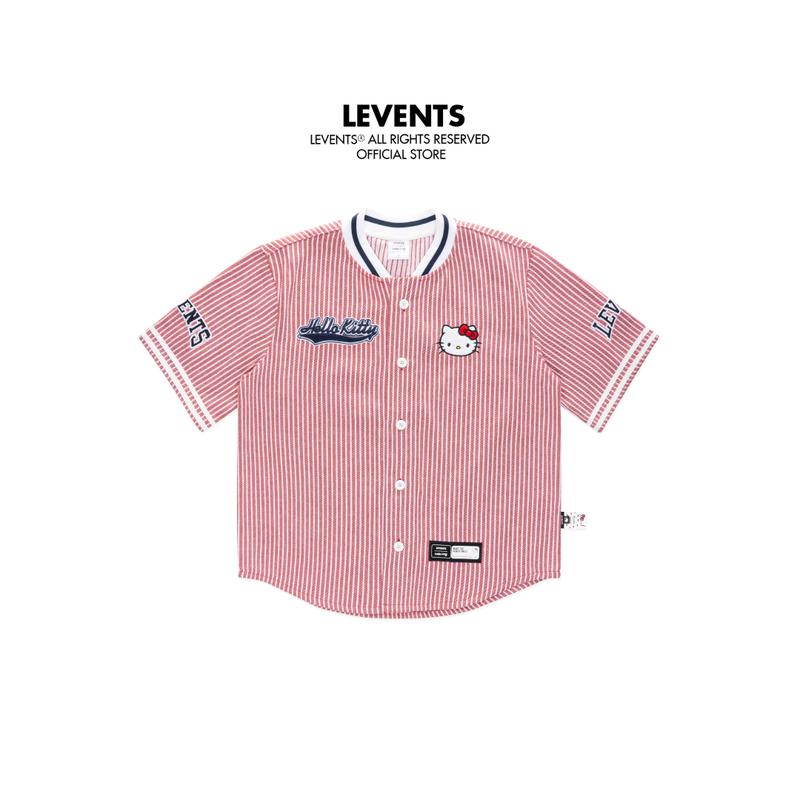 Levents x Hello Kitty | Áo Jersey Striped Baseball Jersey Red Chất Poly Pha Cotton Cứng Cáp Unisex
