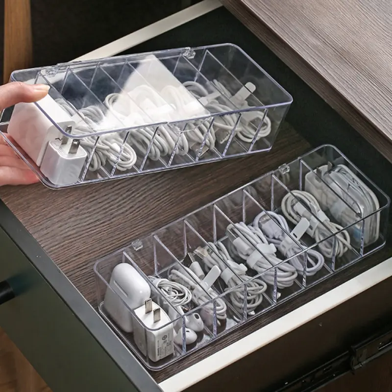 8 Grids Clear Plastic Cable Storage Box Data Cable Storage Container Save Space Cable Management Box for Storing Earrings Rings and Data Cables 5