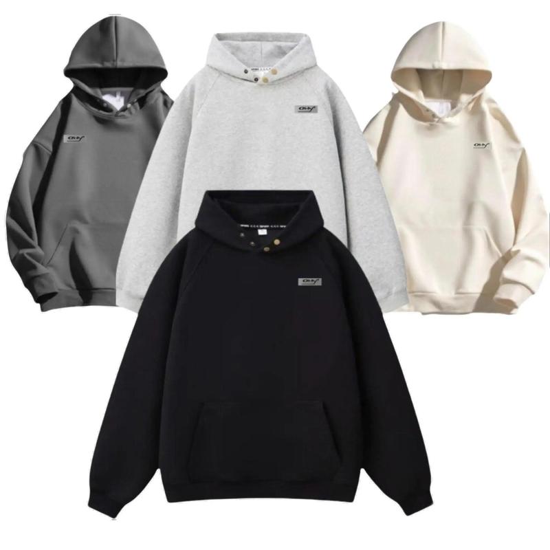 Áo Hoodie Nỉ Bông Dày Dặn Nam Nữ Mặc Đẹp Cúc Bấm Tay Phồng Mũ To 2 Lớp Đen - Top Menswear Dài Tay áo  khoác