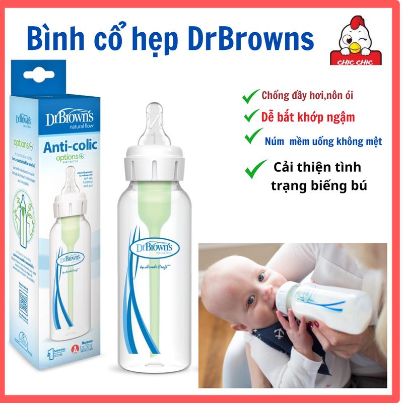 Bình cổ hẹp dr brown option plus Núm Ti cổ Hẹp, dễ bắt khớp ngậm,chống đầy và nôn ói, cải thiện biếng sữa 120 ml /250 ml