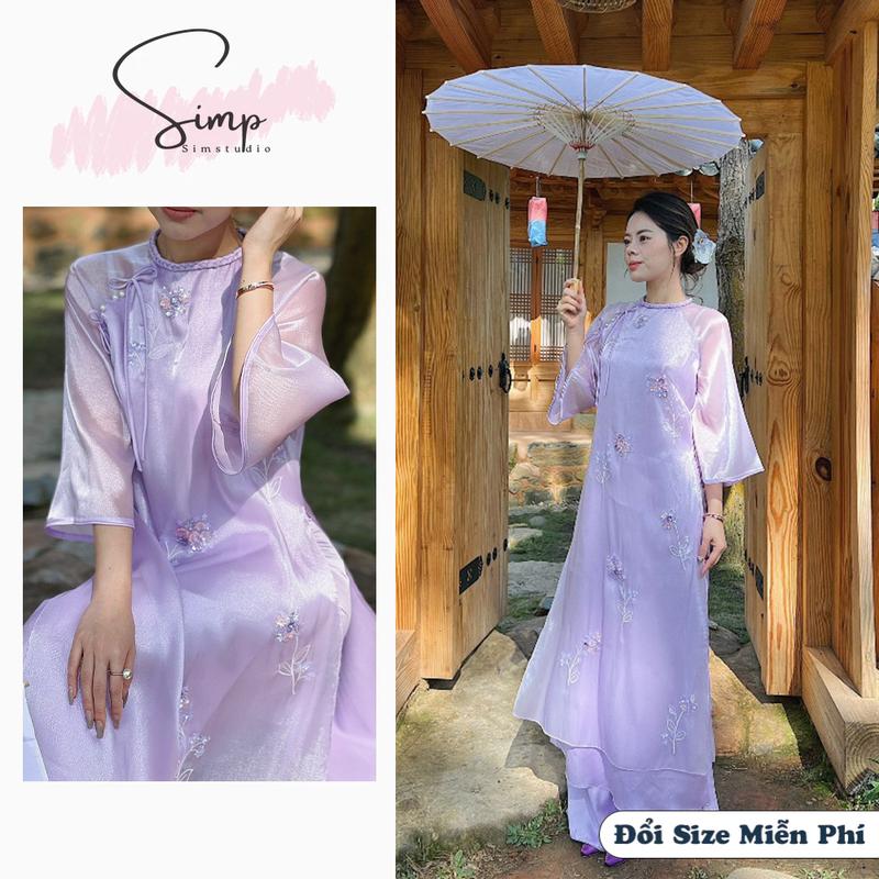 Áo dài cách tân 4 tà cổ tết Khương Nhã, Áo dài tơ óng dáng xuông linn design