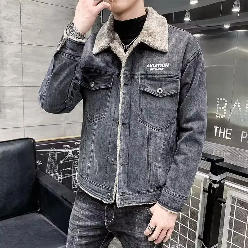 Áo Khoác Denim Len Cừu, Mùa Đông, Dành Cho Nam Giới, Phong Cách Hàn Quốc, Lông Cừu Hợp Xu hướng, Đệm Lót, Giữ Nhiệt, Quần Áo Bông Mỹ, Áo Khoác Nam 2
