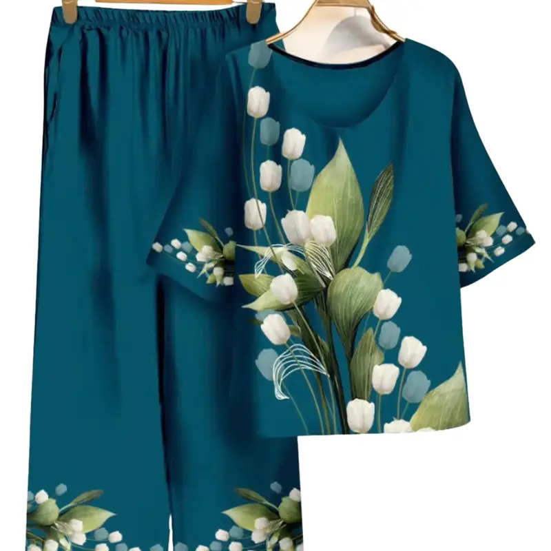 ĐỒ BỘ TRUNG NIÊN cao cấp Nữ Women Voi Áo Top Polo Sen Kem Hoa Sen Quần Ngủ Áo ngủ Pijama do bo nu kiểu đẹp 4