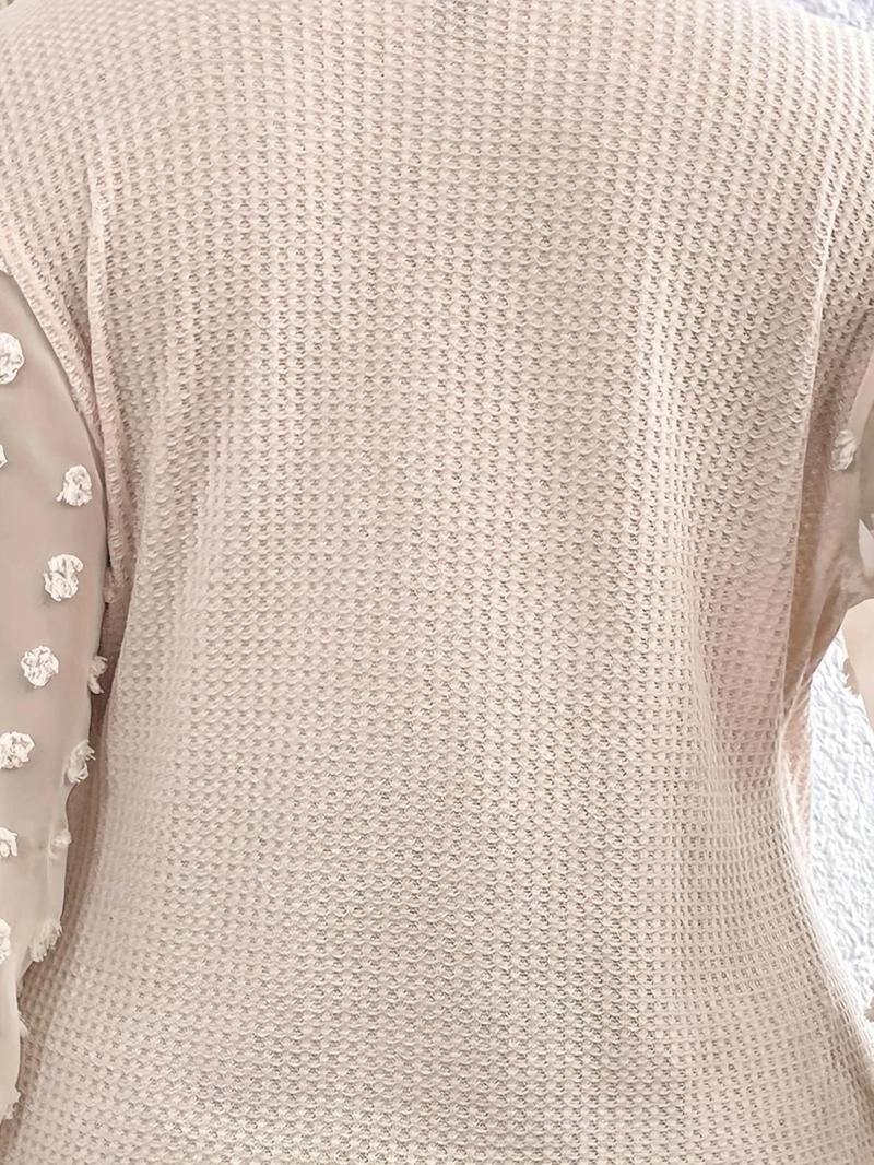 Product Introduction of Plus Swiss Dot Contrast Mesh Textured Bishop Sleeve Tee, Casual Deep V Neck Long Sleeve T-Shirt for Spring & Fall, Women's Plus Clothing for Daily Wear 9
